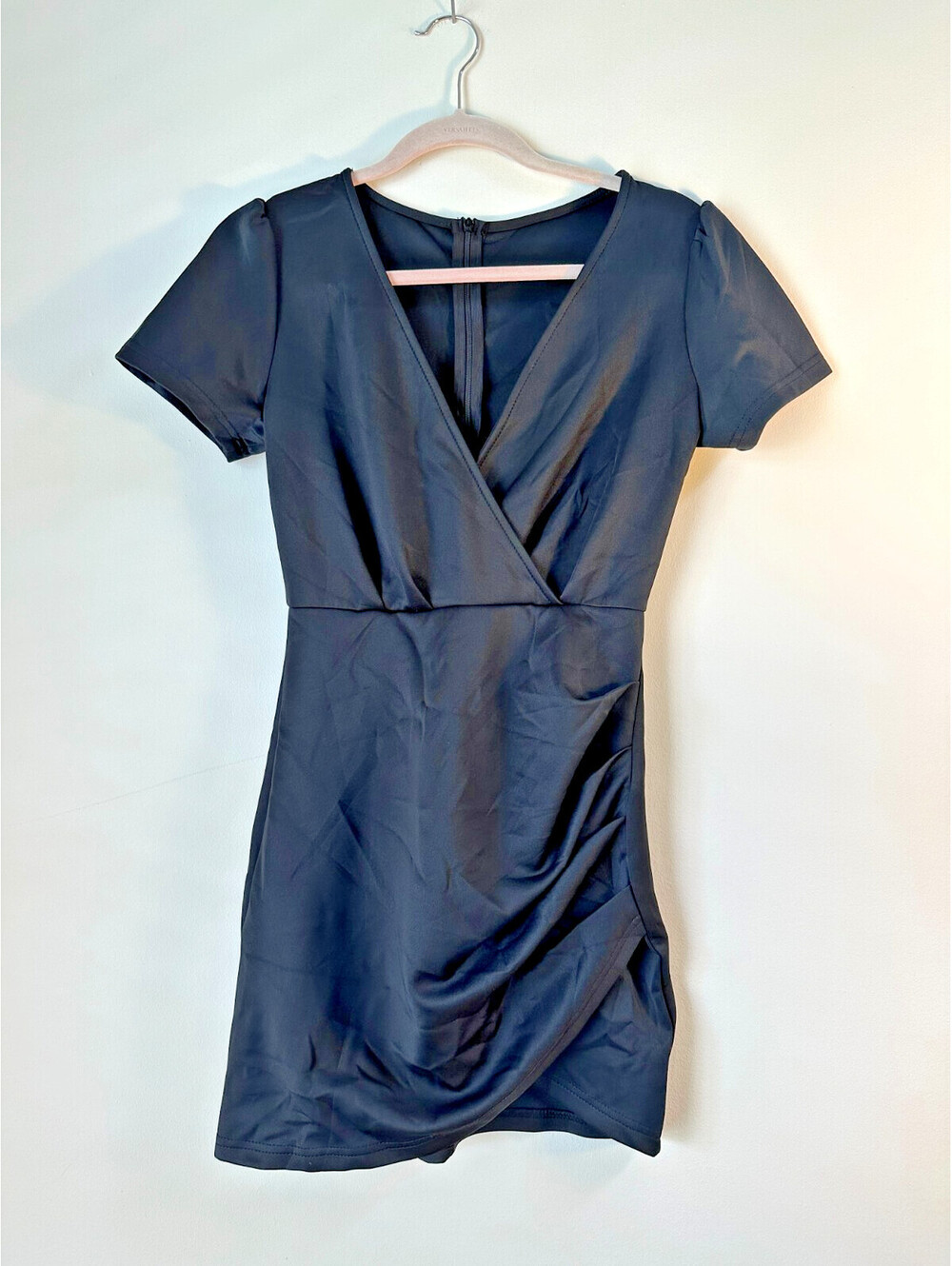 Women’s Black Ruched Bodycon Mini Dress Short Sleeve Wrap Front Size S